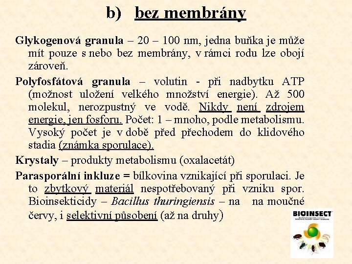 b) bez membrány Glykogenová granula – 20 – 100 nm, jedna buňka je může