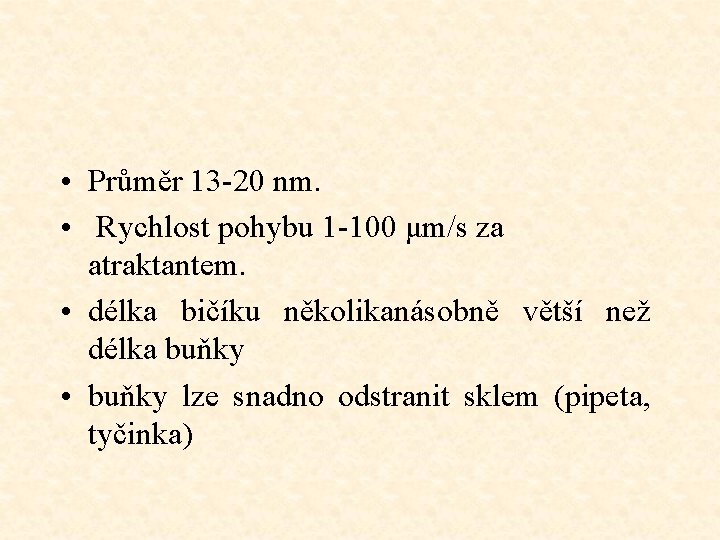  • Průměr 13 -20 nm. • Rychlost pohybu 1 -100 μm/s za atraktantem.