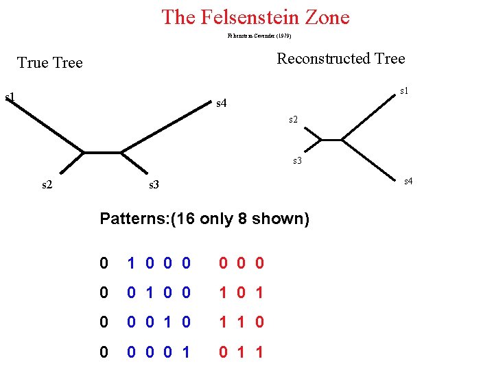 The Felsenstein Zone Felsenstein-Cavendar (1979) Reconstructed Tree True Tree s 1 s 4 s