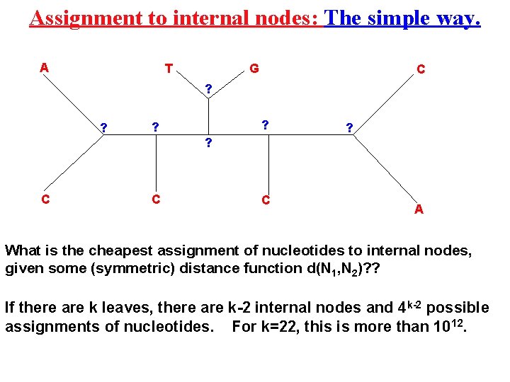 Assignment to internal nodes: The simple way. A G T C ? ? ?