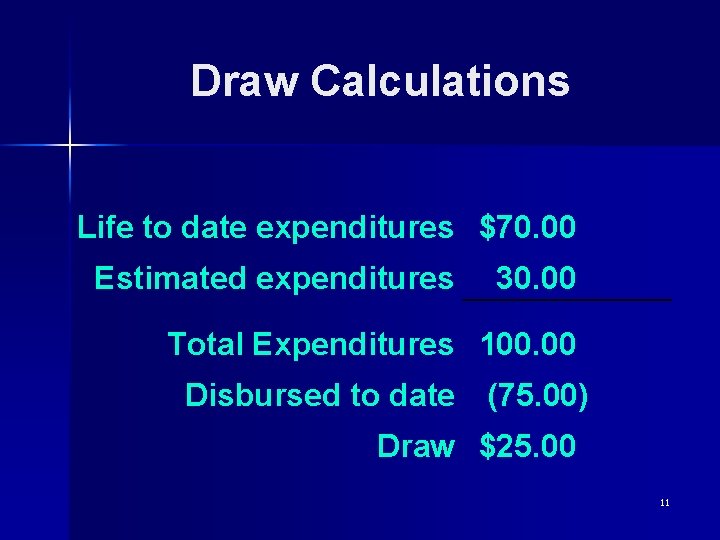 Draw Calculations Life to date expenditures $70. 00 Estimated expenditures 30. 00 Total Expenditures