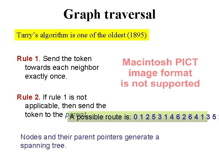 Graph traversal Tarry’s algorithm is one of the oldest (1895) Rule 1. Send the