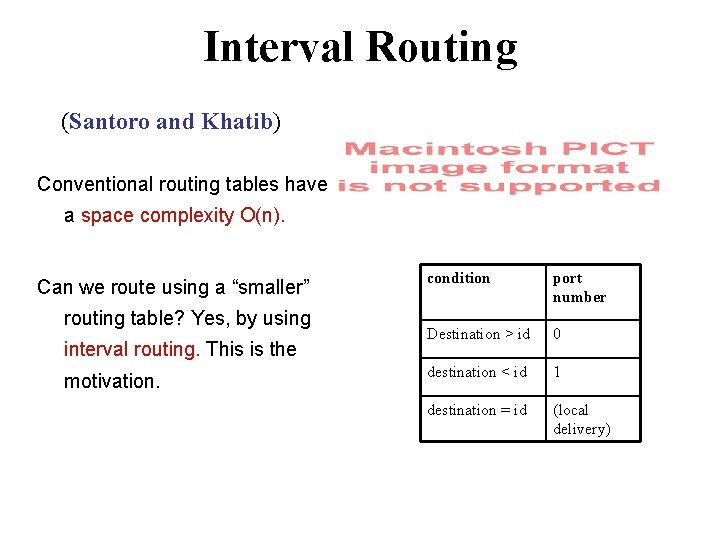 Interval Routing (Santoro and Khatib) Conventional routing tables have a space complexity O(n). Can