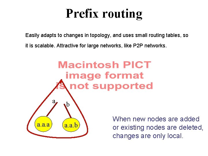 Prefix routing Easily adapts to changes in topology, and uses small routing tables, so Prefix routing Easily adapts to changes in topology, and uses small routing tables, so