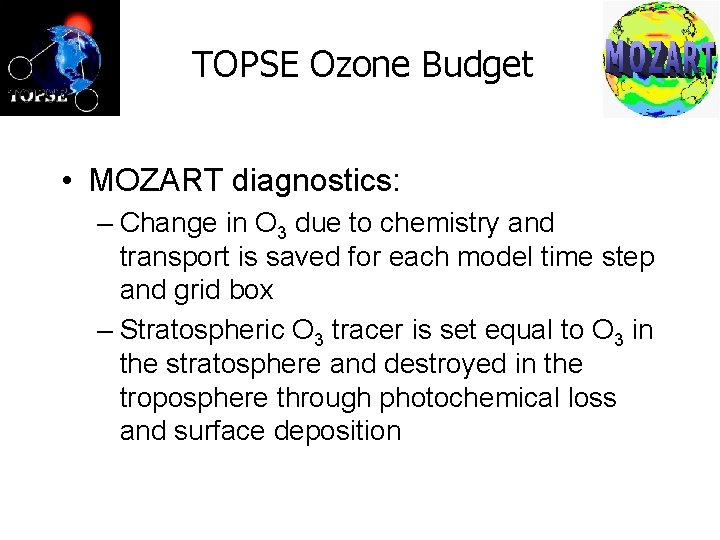 TOPSE Ozone Budget • MOZART diagnostics: – Change in O 3 due to chemistry