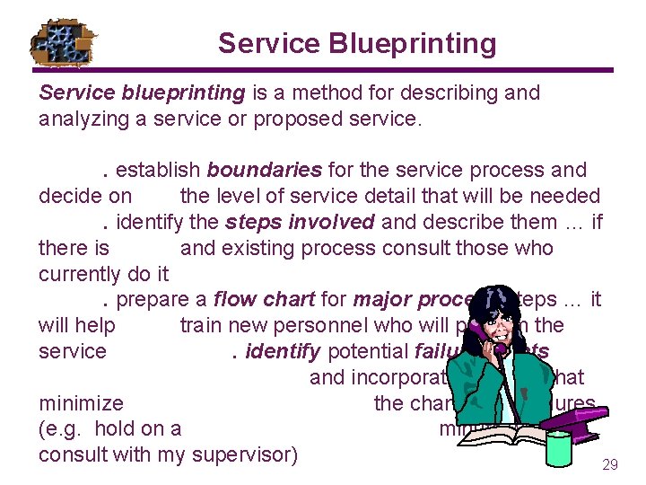 Service Blueprinting Service blueprinting is a method for describing and analyzing a service or