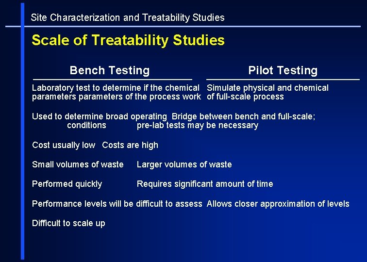 Site Characterization and Treatability Studies Scale of Treatability Studies Bench Testing Pilot Testing Laboratory