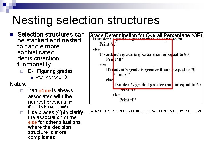 Nesting selection structures n Selection structures can Grade Determination for Overall Percentage (OP) be