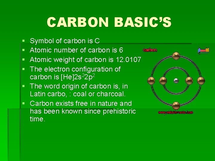 CARBON BASIC’S § § Symbol of carbon is C Atomic number of carbon is CARBON BASIC’S § § Symbol of carbon is C Atomic number of carbon is