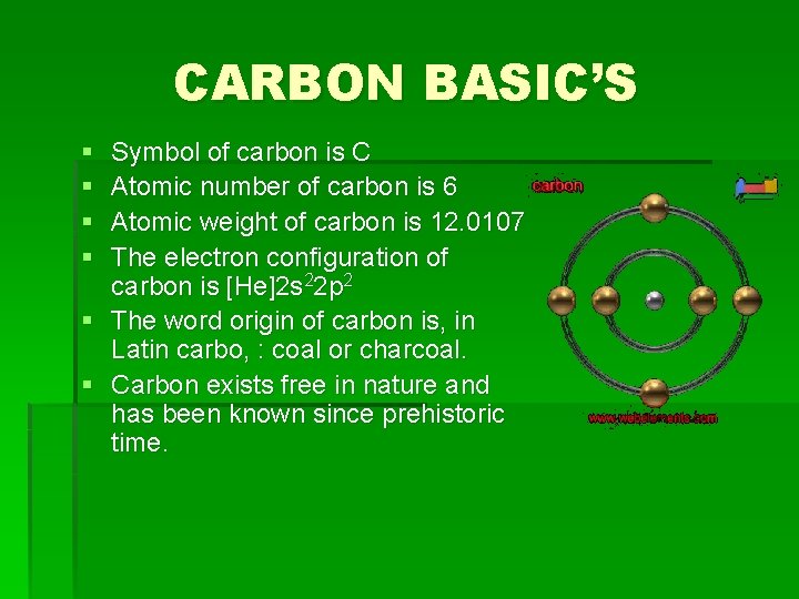 CARBON BASIC’S § § Symbol of carbon is C Atomic number of carbon is