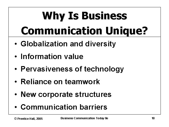 Why Is Business Communication Unique? • Globalization and diversity • Information value • Pervasiveness