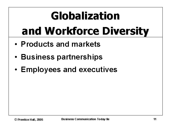 Globalization and Workforce Diversity • Products and markets • Business partnerships • Employees and