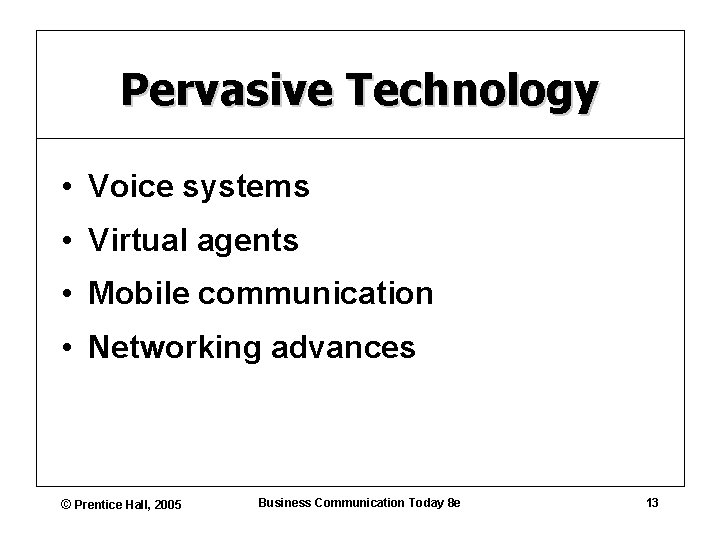 Pervasive Technology • Voice systems • Virtual agents • Mobile communication • Networking advances