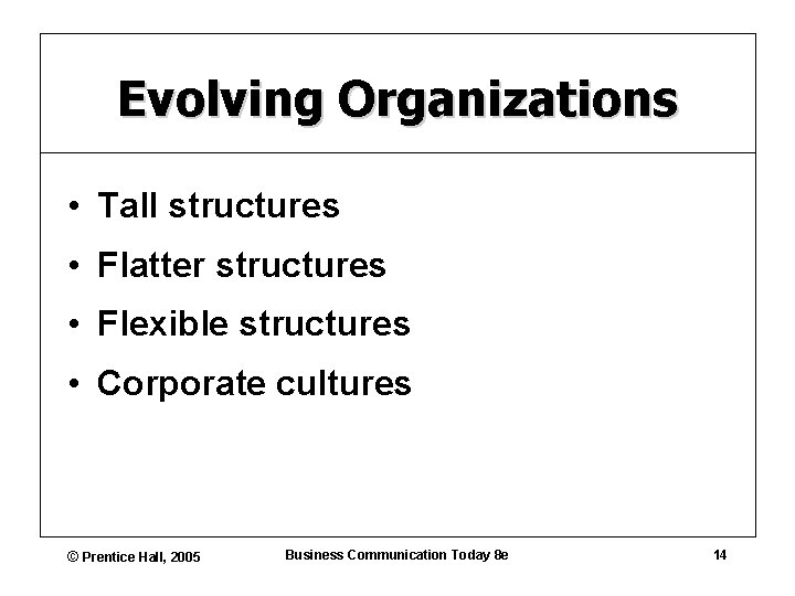 Evolving Organizations • Tall structures • Flatter structures • Flexible structures • Corporate cultures