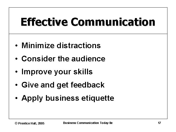 Effective Communication • Minimize distractions • Consider the audience • Improve your skills •