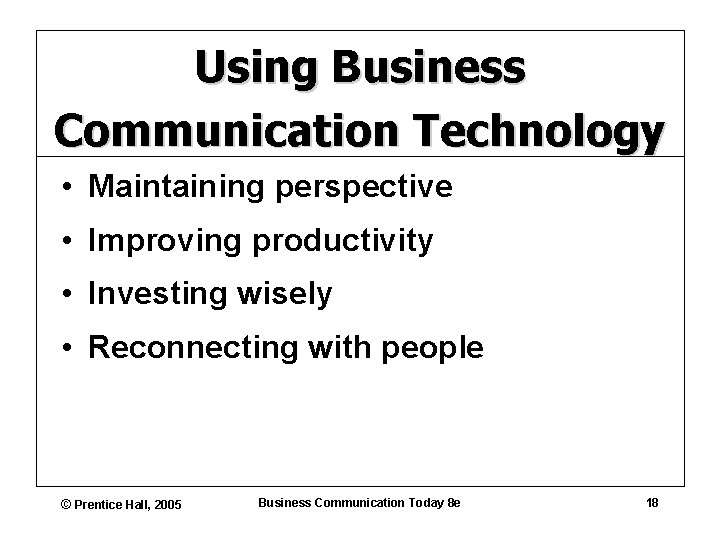 Using Business Communication Technology • Maintaining perspective • Improving productivity • Investing wisely •