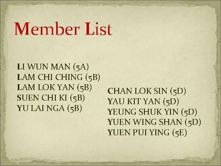 Member List LI WUN MAN (5 A) LAM CHING (5 B) LAM LOK YAN