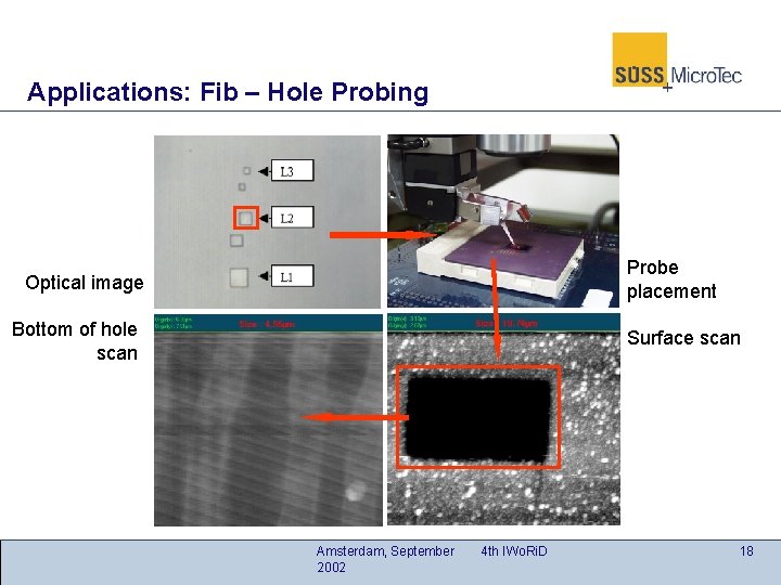 Applications: Fib – Hole Probing Probe placement Optical image Bottom of hole scan Surface