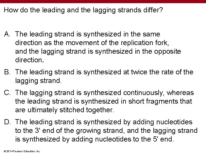 How do the leading and the lagging strands differ? A. The leading strand is