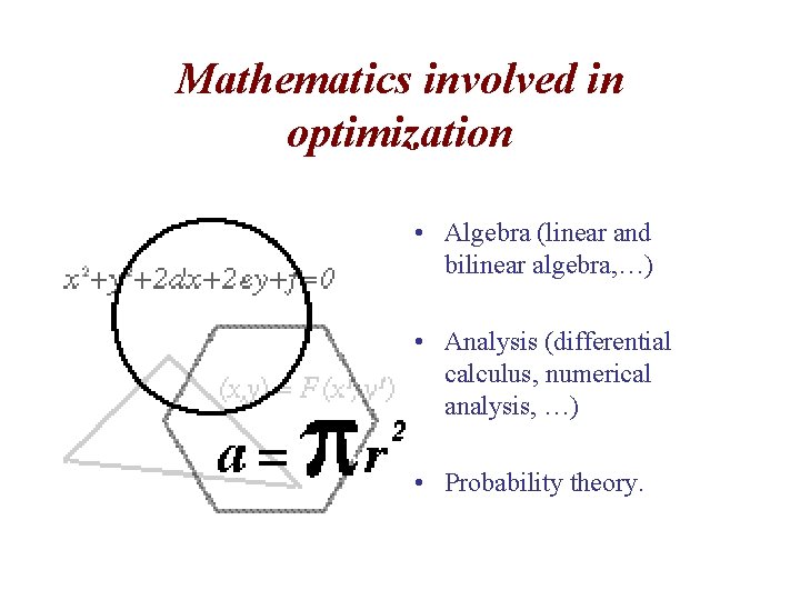 Mathematics involved in optimization • Algebra (linear and bilinear algebra, …) • Analysis (differential