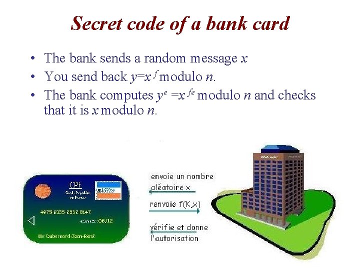 Secret code of a bank card • The bank sends a random message x