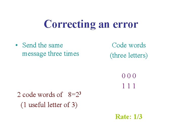 Correcting an error • Send the same message three times Code words (three letters)
