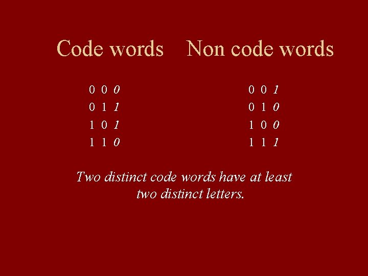  Code words Non code words 0 0 0 0 1 1 1 0
