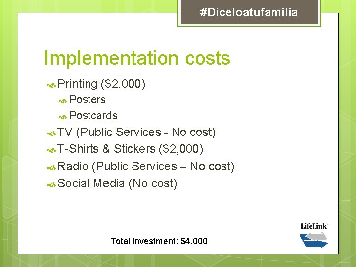 #Diceloatufamilia Implementation costs Printing ($2, 000) Posters Postcards TV (Public Services - No cost)
