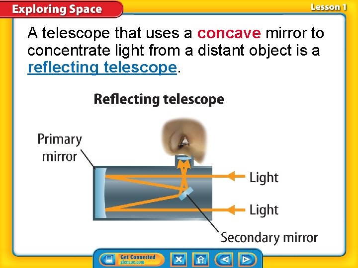 A telescope that uses a concave mirror to concentrate light from a distant object A telescope that uses a concave mirror to concentrate light from a distant object