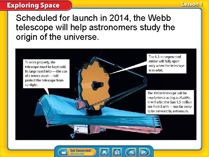 Scheduled for launch in 2014, the Webb telescope will help astronomers study the origin