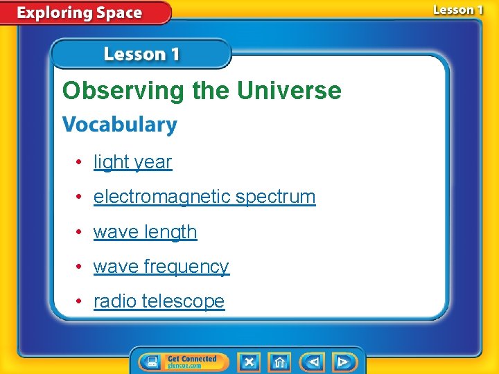 Observing the Universe • light year • electromagnetic spectrum • wave length • wave