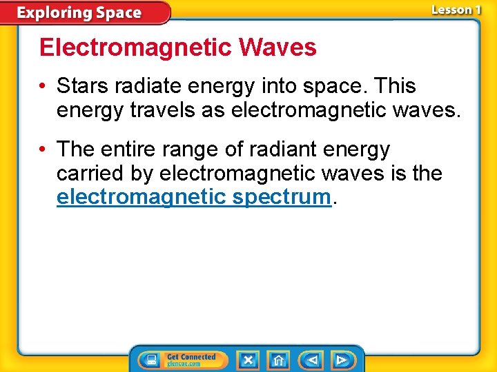 Electromagnetic Waves • Stars radiate energy into space. This energy travels as electromagnetic waves.