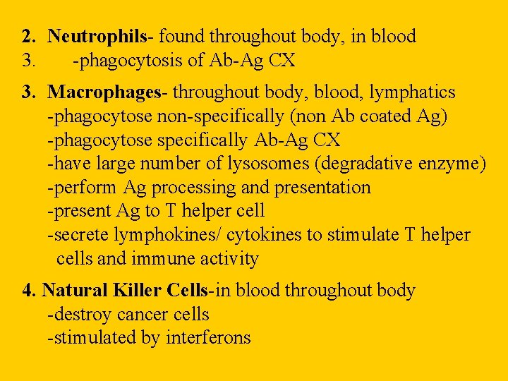 2. Neutrophils- found throughout body, in blood 3. -phagocytosis of Ab-Ag CX 3. Macrophages-