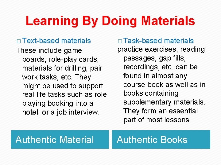 Learning By Doing Materials � Text-based materials � Task-based materials These include game boards,
