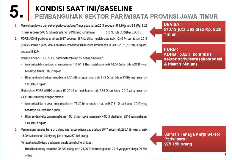 5. KONDISI SAAT INI/BASELINE PEMBANGUNAN SEKTOR PARIWISATA PROVINSI JAWA TIMUR DEVISA : 573. 19