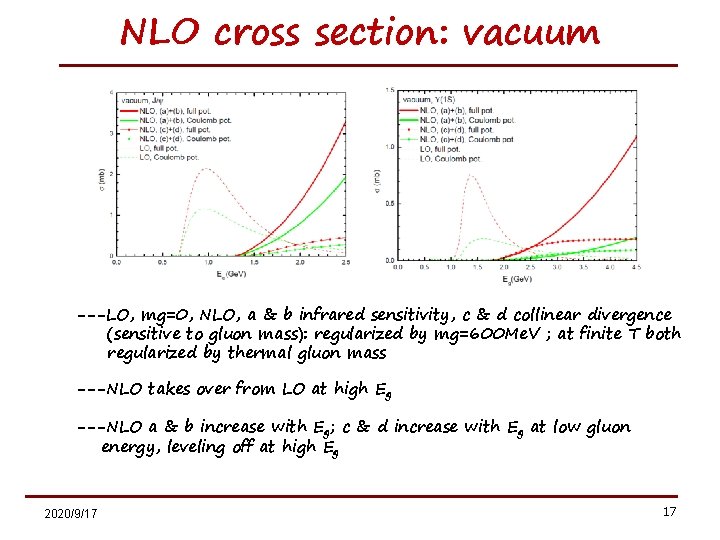 NLO cross section: vacuum ---LO, mg=0, NLO, a & b infrared sensitivity, c &