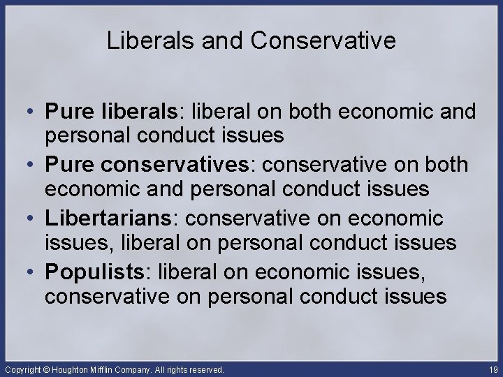 Liberals and Conservative • Pure liberals: liberal on both economic and personal conduct issues