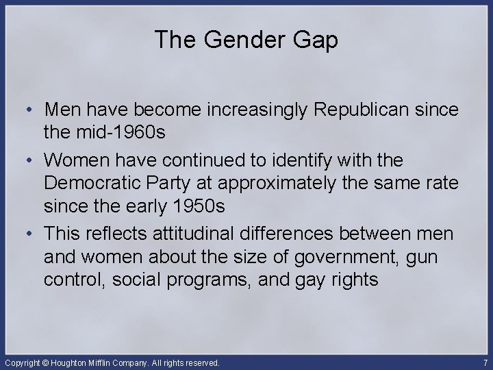 The Gender Gap • Men have become increasingly Republican since the mid-1960 s •