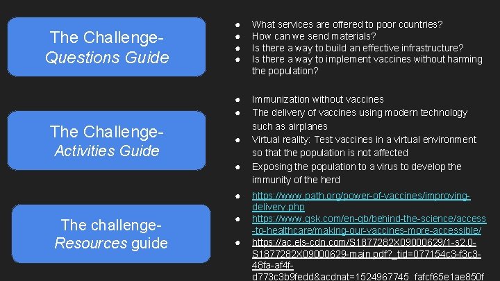 The Challenge- Questions Guide The Challenge- Activities Guide ● ● What services are offered