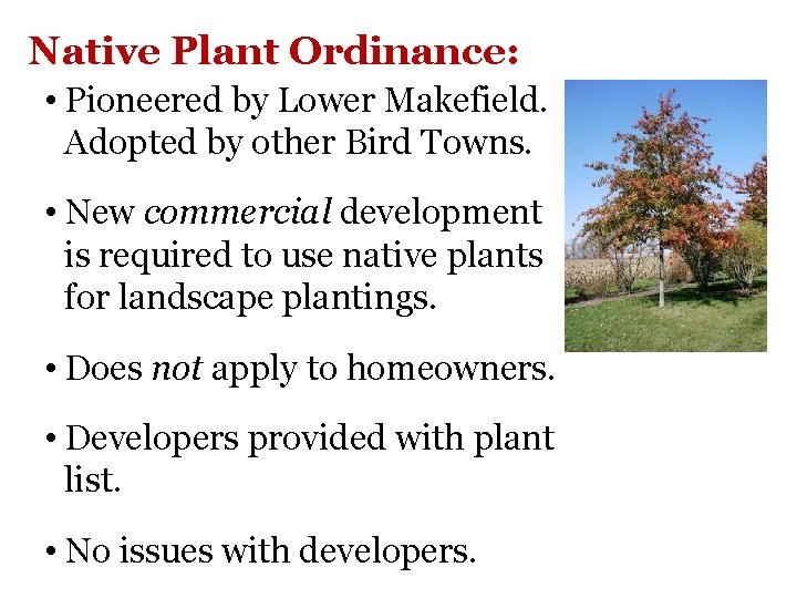Native Plant Ordinance: • Pioneered by Lower Makefield. Adopted by other Bird Towns. •