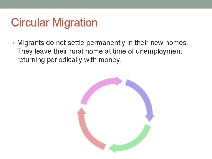 Circular Migration • Migrants do not settle permanently in their new homes. They leave