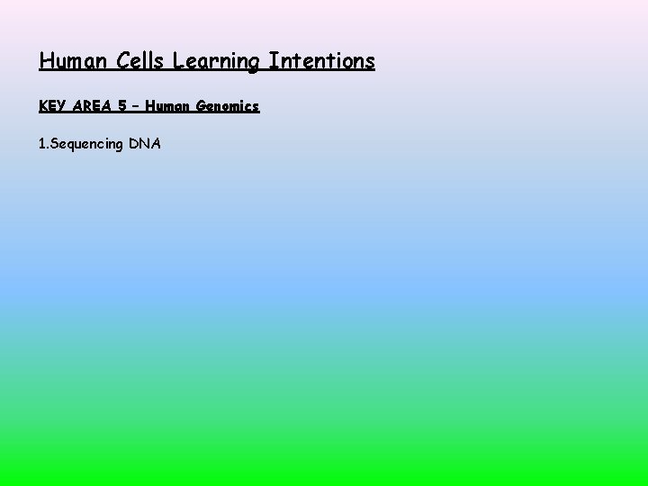 Human Cells Learning Intentions KEY AREA 5 – Human Genomics 1. Sequencing DNA 