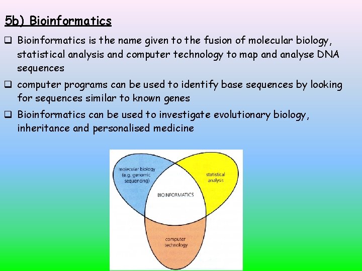 5 b) Bioinformatics is the name given to the fusion of molecular biology, statistical