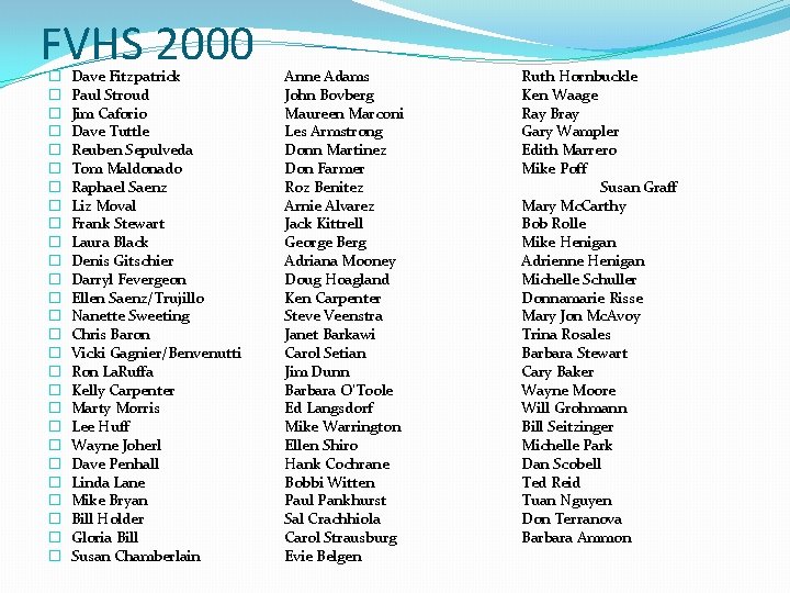 FVHS 2000 � � � � � � � Dave Fitzpatrick Paul Stroud Jim