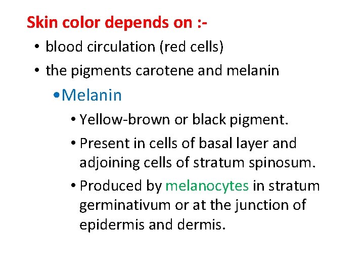 Skin color depends on : • blood circulation (red cells) • the pigments carotene