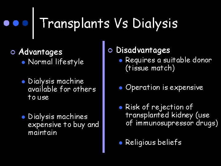 Transplants Vs Dialysis ¢ Advantages l l ¢ Disadvantages Normal lifestyle l Dialysis machine