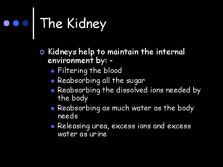 The Kidney ¢ Kidneys help to maintain the internal environment by: l l l