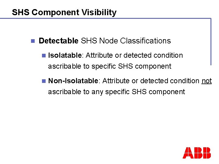 SHS Component Visibility n Detectable SHS Node Classifications n Isolatable: Attribute or detected condition