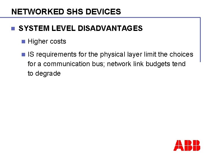 NETWORKED SHS DEVICES n SYSTEM LEVEL DISADVANTAGES n Higher costs n IS requirements for