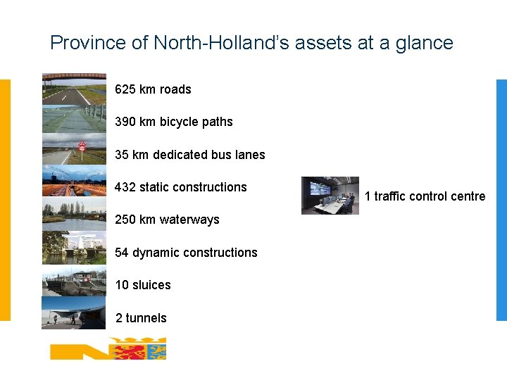 Province of North-Holland’s assets at a glance 625 km roads 390 km bicycle paths